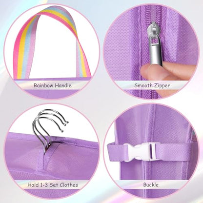 KEEGH 40 inch Dance Costume Garment Bags Kid Dance Bags, Purple | Rainbow Handle, 3 Zipper Pockets, For Dance Competitions, Ballet, Theatre, Costume Garment Bag for Dancers