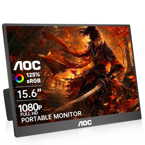 AOC Portable Monitor 15.6'' FHD 1080P IPS 125% sRGB, USB-C HDMI Travel Monitor for Laptop, Ultra Slim External Second Screen for Work, Gaming, Mac, PS5, Xbox, Switch with Speakers & HDR, Black