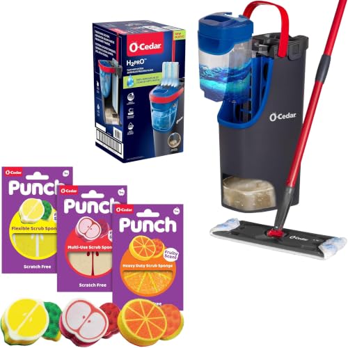 O-Cedar Punch Fruit-Shaped Scrub Sponge Pack (3 Count) + H2prO Flat Mop System – Flexible, Multi-Use Scrub Sponges & Complete Mopping Cleaning Bundle - size: H2prO + Punch Assorted Sponges