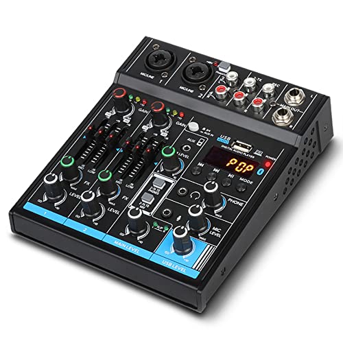 Depusheng M4 Portable Mini Mixer 4-Channel Audio Mixer DJ Console with Sound Card, Bluetooth Function, USB, 48V Phantom Power for PC Recording Webcast Party