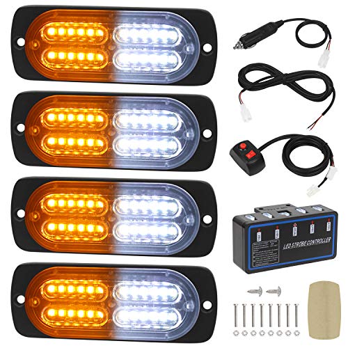 LINKITOM 4pcs Ultra Slim LED Strobe Lights w/Controller, Amber/White - color: Amber&White