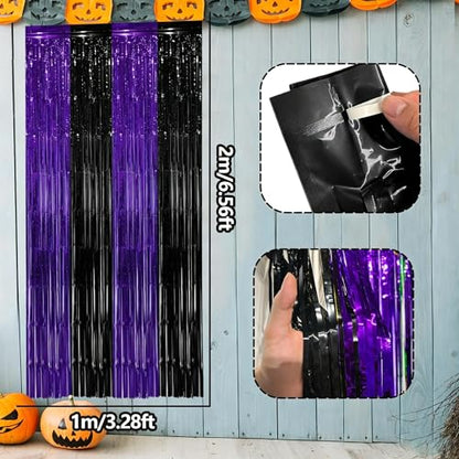 Purple Black Foil Fringe Curtains Birthday Party Decorations, 2 PCS | 3.28 x 6.56 Ft Purple Black Tinsel Streamers Backdrop Banner Photo Booth Props for Graduation Halloween Party Decor Supplies
