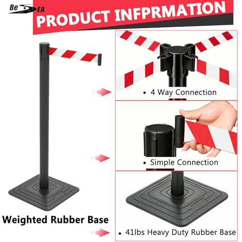4 Pack Crowd Control Stanchions with 10FT Retractable Belt, 41" Black Queue Barriers with Heavy Rubber Base, Stable Stanchion Posts for Hotel, Airport, Bank, Store, Event(Red White Striped) - color: RED WHITE STRIPED BELT
