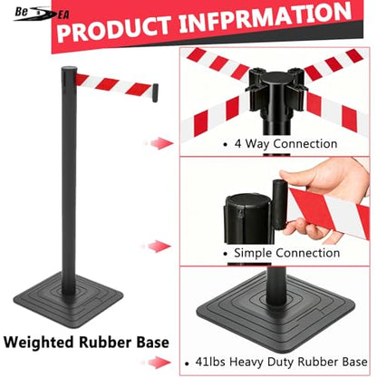 4 Pack Crowd Control Stanchions with 10FT Retractable Belt, 41" Black Queue Barriers with Heavy Rubber Base, Stable Stanchion Posts for Hotel, Airport, Bank, Store, Event(Red White Striped) - color: RED WHITE STRIPED BELT