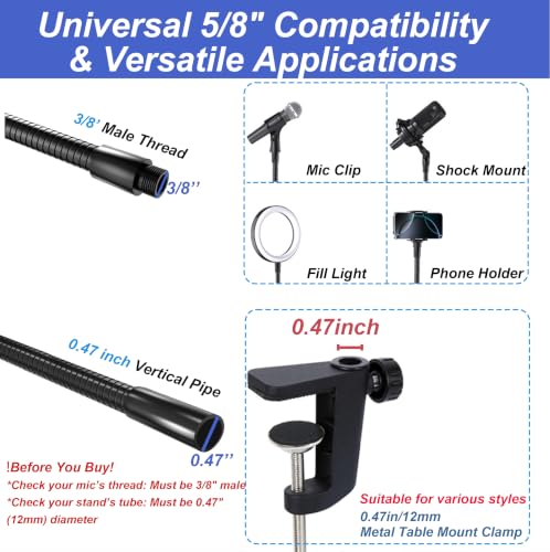 19" Gooseneck Arm, 3/8" Female to Male Metal Thread, 360° Microphone Flexible Arm, Gooseneck Tube Extension Holder, for Phone, Microphone Holder, Black