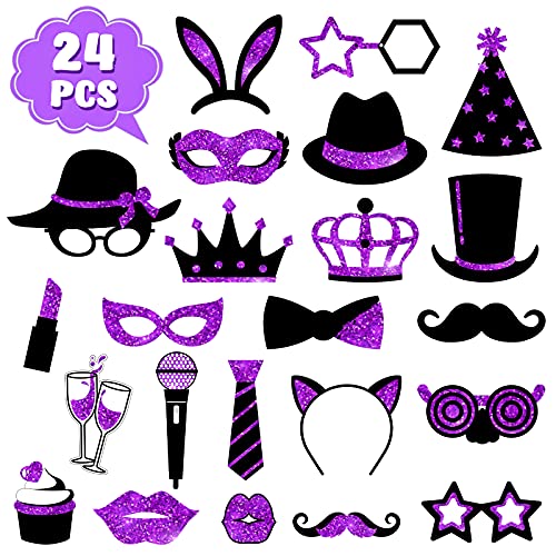 Zonon 24 Pcs Funny Photo Booth Props Set, Black and Purple | Props on Sticks for Wedding, Reunion, Prom, Includes Mustache, Hats, Glasses, Ties, Lips, Crowns, Fun Party Accessories - color: Black and Purple