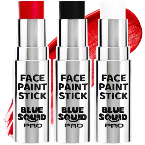 Blue Squid PRO Red, White and Black Face Paint Stick - Waterproof Body Paint Adults & Kids Eye Black Baseball, Eyeblack Softball -Hypoallergenic Twist-Up Non-Toxic Makeup Stick - Cosplay, Sports & SFX - color: Red, White & Black