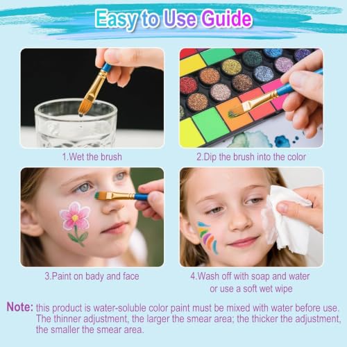 42 Color Face Painting Kit – Water Activated Facepaint Makeup Set | Non-Toxic Washable, Professional Face Paint with Stencils, Gems, Brushes– for Kids, Adults, Halloween, Costume, Party, Makeup