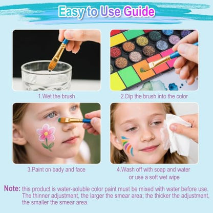 42 Color Face Painting Kit – Water Activated Facepaint Makeup Set | Non-Toxic Washable, Professional Face Paint with Stencils, Gems, Brushes– for Kids, Adults, Halloween, Costume, Party, Makeup