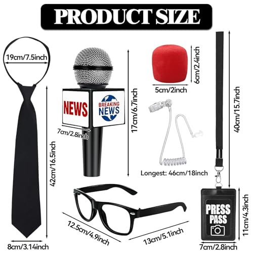 Journalist News Reporter Costume Accessories for Adult/Kids,News Reporter Set with Fake News Microphone Prop Press Pass Glasses Tie for Halloween Cosplay