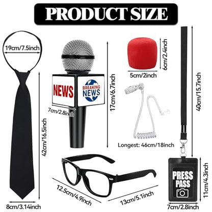 Journalist News Reporter Costume Accessories for Adult/Kids,News Reporter Set with Fake News Microphone Prop Press Pass Glasses Tie for Halloween Cosplay