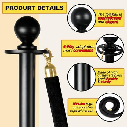 4 Pack Stanchions Post with Velvet Rope, Heavy Duty Metal Posts with Weighted Base, Crowd Control Barriers & Poles for Red Carpet, Movie Theater, Event, Party Supplies (Black) - size: 4 Pack