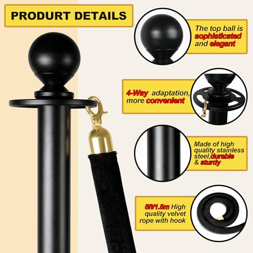 4 Pack Stanchions Post with Velvet Rope, Metal Posts with Weighted Base, Heavy Duty Crowd Control Barriers & Poles for Red Carpet, Movie Theater, Event, Party Supplies, Black - color: Metal-Black (Upgraded)