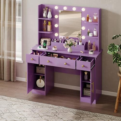 HUANLEGO Vanity Desk with Mirror and Lights, Makeup Vanity with Mirror and LED Lights & Power Outlet, 3 Drawers and Cabinets, 3 Lighting Modes Dressing Table Set for Girls Women Bedroom,Purple - size: 43.7x15.7x57.6 in, style: Purple