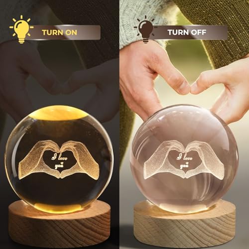 Flexzion 3D Love Crystal Ball Lamp, 3.15 inch (80mm), USB Night Light | Love Lamp with Solid Beech Wood Base and Adjustable Brightness for Bedrooms, Nightstands, Desks, Shelves and Room Decor - size: 3.15 inch (80mm), style: Love