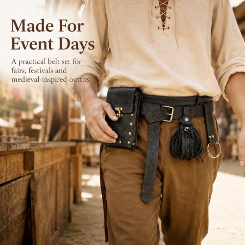 Renaissance Belt Pouch Set, Medieval Viking Pirate Leather Bag, Steampunk Waist Bag Skirt Hike Set, Halloween Cosplay Costume Accessories for Men Women (Black) - color: Black