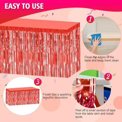 2 Pack 29.5x108 Inch Red Foil Tinsel Fringe Table Skirts, Disposable Table Skirts for Rectangle Tables Curtains Backdrop Parade Wedding Floats Baby Shower Birthday Mardi Gras Party - color: Red