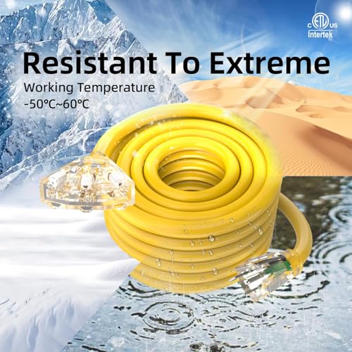 12FT 12/3 Heavy Duty 3-Outlet Lighted Outdoor Extension Cord ETL | 15A 1875W, pure copper SJTW waterproof -58°F to 140°F, lawn care, woodworking, metal cutting, barn, outdoor use, 3-prong