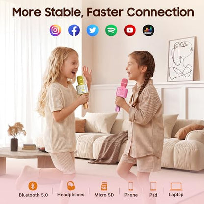 BONAOK Wireless Bluetooth Karaoke Microphone, 3-in-1 Portable Handheld Mic Speaker Machine with Built-in Non-Detachable Battery, for All Smartphones, Gifts to Girls, Boys Kids Adults All Age - color: Pink