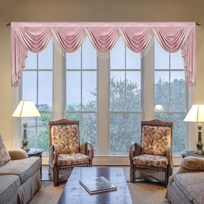 Grand Pink Velvet Waterfall Valance 138 Inches Wide, Luxury Swag Curtains with Thick Beaded Tassels, Elegant European Style Window Treatment for Master Bedroom & Open Concept Living Room - color: Pink, size: 138"W x 43"L (Pack of 1)