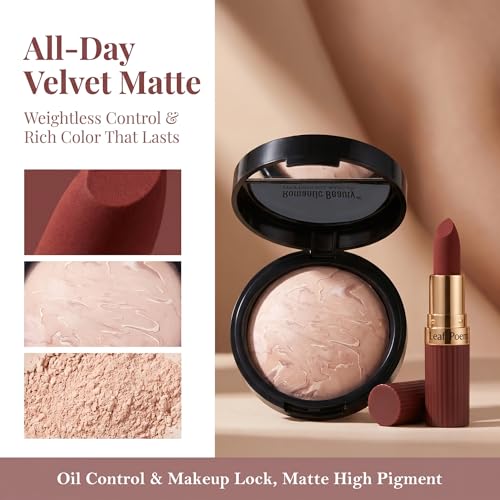 All-In-One Beginner Makeup Kit for Women - 7-Shade Baked Powder Palette, Brow Powder, Setting Powder, Matte Lipstick, Eyeliner, Mascara & 5 Brushes - Full Face Makeup Set for Daily Wear & Travel - color: 7-Baked