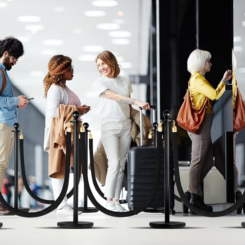 4 Pack Stanchions Post with Velvet Rope, Heavy Duty Metal Posts with Weighted Base, Crowd Control Barriers & Poles for Red Carpet, Movie Theater, Event, Party Supplies (Black) - size: 4 Pack