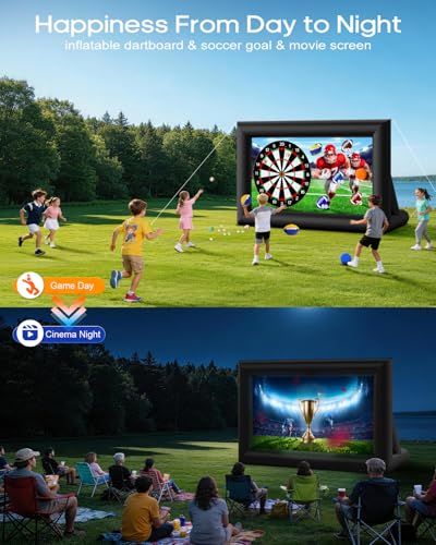 3-in-1 14FT Inflatable Projector Screen - Outdoor Movie Screen, Dart Board and Football Target with 120W Blower, Front/Rear Screen for Celebration & Outside Movie Night - size: 14FT
