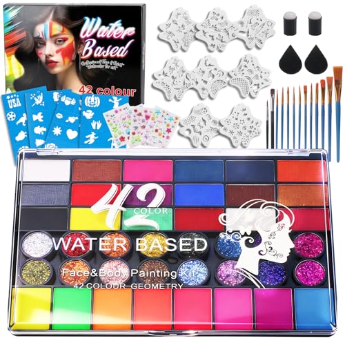 42 Color Face Painting Kit – Water Activated Facepaint Makeup Set | Non-Toxic Washable, Professional Face Paint with Stencils, Gems, Brushes– for Kids, Adults, Halloween, Costume, Party, Makeup