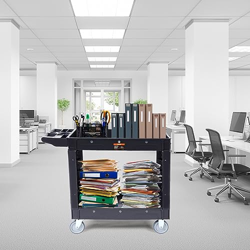 VEVOR Utility Service Cart, 2 Shelf 550LBS Heavy Duty Plastic Rolling Utility Cart, Medium Lipped Shelf, 360° Swivel Wheels, Ergonomic Storage Handle for Warehouse Garage, Black | Heavy Duty Rolling Cart with 360° Swivel Wheels, Medium Lipped Shelf, Ergon