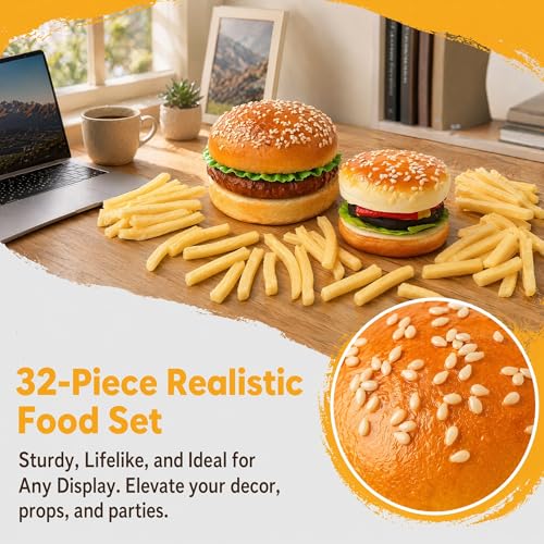 Peohud 2 Pack Artificial Hamburger and 30 Pcs Artificial French Fries, Realistic Fake Food for Display, Faux Beef Burger for Photography Props, Home Kitchen Party Decoration