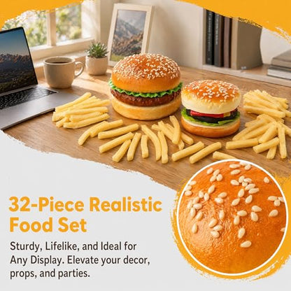 Peohud 2 Pack Artificial Hamburger and 30 Pcs Artificial French Fries, Realistic Fake Food for Display, Faux Beef Burger for Photography Props, Home Kitchen Party Decoration