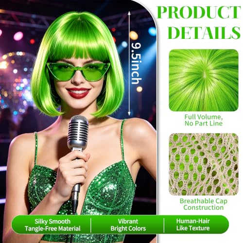 Short Bob Straight Hair Wigs with Bangs, Synthetic Fiber Colorful Hair, Cat Eye Glasses for Women (Light Green) - color: Light Green