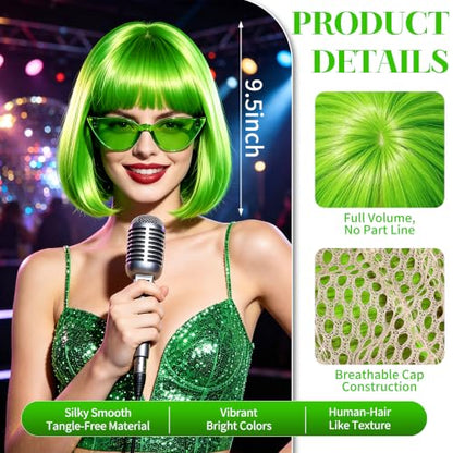 Short Bob Straight Hair Wigs with Bangs, Synthetic Fiber Colorful Hair, Cat Eye Glasses for Women (Light Green) - color: Light Green