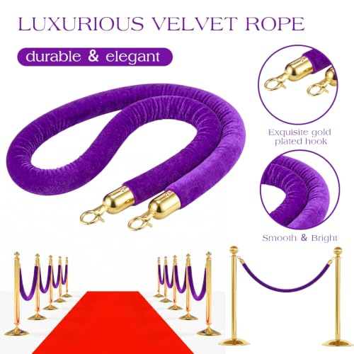 Nuogo 6 Pack Velvet Stanchion Rope,5 Feet Velvet Rope with Gold Hook,Purple | Safety Rope Off Barrier, Crowd Control, 1.2 IN in Diameter, Event Weddings Graduation Theaters Grand Opening Hotel - color: Purple