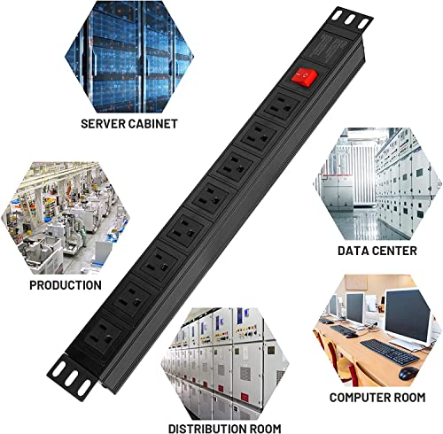 BTU Power Strip Surge Protector Rack-Mount PDU, 8 Right Angle Outlets Wide-Spaced, Mountable Power Strip Heavy Duty for Server Racks, Commercial, 300J (Black 10FT) - color: Black 10FT