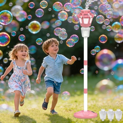 Bubble Machine for Kids Outdoor, 40" Adjustable Height Automatic Bubble Blower with Light & Rechargeable Battery, Bubble Maker Toy for Toddlers Party Birthday (Includes 3 Solution), Pink - color: Pink-1 Pack