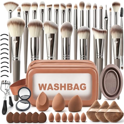 Makeup Brush Set, 57Pcs Multifunctional Makeup Brushes with Travel Case | Soft Synthetic Professional Makeup Brush Kit for Foundation Concealer Powder Blush Eyeshadow for Beginner&Beauty Enthusiast - color: Brown