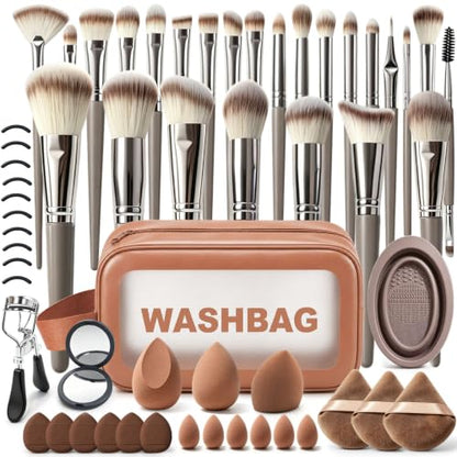 Makeup Brush Set, 57Pcs Multifunctional Makeup Brushes with Travel Case | Soft Synthetic Professional Makeup Brush Kit for Foundation Concealer Powder Blush Eyeshadow for Beginner&Beauty Enthusiast - color: Brown