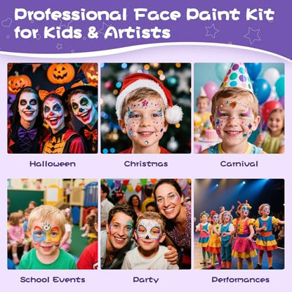 SAM SUGAR Face Painting for Kids 42 Colors Non-Toxic Vibrant Colors Professional kids face painting with 16 Crayons 56 Sticky Stencils 12 Paint Brushes for Halloween Parties