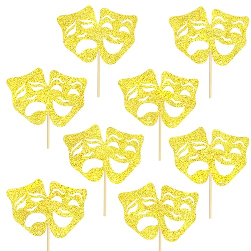 Theatrical Mask Centerpiece Sticks 12PCS Comedy Movie Night Theme Party Decorations Glitter Gold Tragedy Mask Table Toppers for Drama Film Festival Birthday Party Supplies