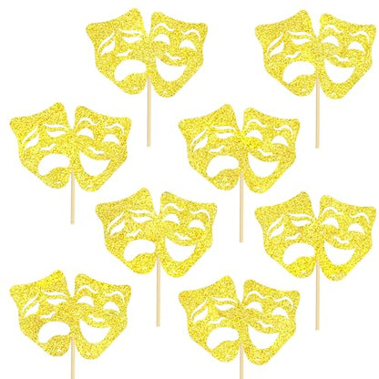 Theatrical Mask Centerpiece Sticks 12PCS Comedy Movie Night Theme Party Decorations Glitter Gold Tragedy Mask Table Toppers for Drama Film Festival Birthday Party Supplies