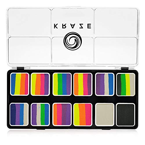 Kraze FX Neon Pop 1-Stroke 12 Split Cake Palette (6 gm) with 2 Brushes - Professional UV Glow Blacklight Reactive Body & Face Painting Kit, Water Activated, Hypoallergenic, Vibrant Face Paint - size: Neon 12 Split Cake Palette