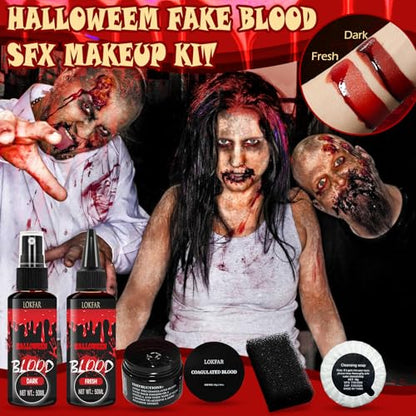 5PCS Halloween Fake Blood Makeup Kit, Fake Blood Spray 50ML + Dripping Blood 50ML + Coagulated Blood 1.41oz + Stipple Sponge + Cleansing Soap, Fake Blood Washable for Clothes Face Vampire SFX Makeup - color: Dark + Fresh (5PCS Kit)