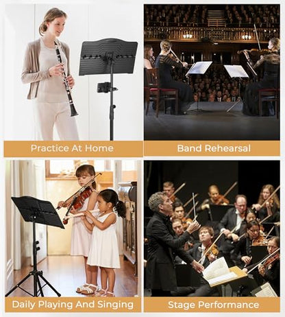 Music Stand, Vangoa Folding Sheet Music Stand with Detachable Microphone Stand & Phone Holder, Portable Lightweight with Music Sheet Clip Holder & Carrying Bag for Instrumental Performance - size: Music Stand + Microphone Stand