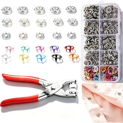 100 Sets Metal Snap Button Kit with Pliers，10 Colors 9.5MM Snap Fasteners Kit，Snaps for Fabric Fastener Pliers Press Tool Kit for DIY Clothing Hats Crafts Snap Button Fasteners Kit for Clothing Sewing