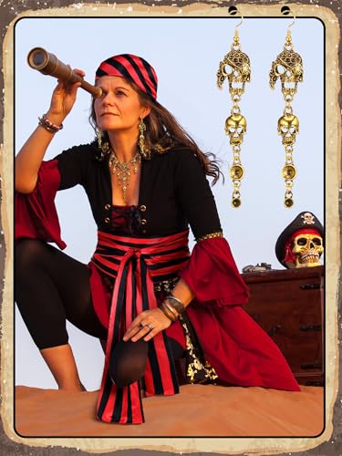 Fourluoo 4 Pieces Pirate Costume Accessories Women Pirate Hat Head Scarf Sash Belt Necklace Earrings Women Costume - size: Medium