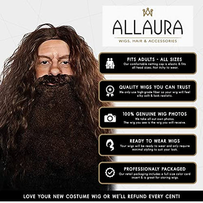 ALLAURA Brown Wizard Wig and Beard Set | Mens Wizard Character | Fake Wizard Beard Mustache Fits Adult Men — Mens Halloween Costume, Compatible with Viking Beard Costume & Viking Wig Man - color: 19-Brown
