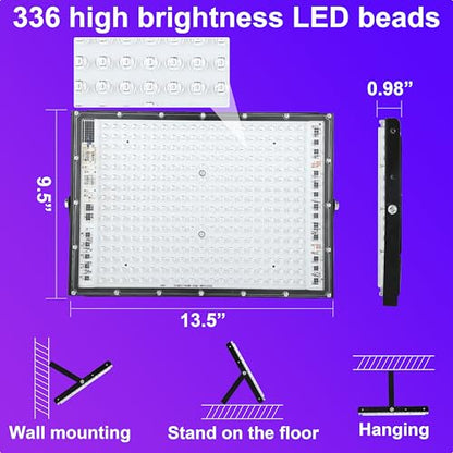 4 Pack 300W Blacklight 336 LEDs, UV Lamp Black Lights for Glow Party, 395nm, IP65 Outdoor Black Light Fixture for Halloween, Glow in The Dark Party, Fluorescent Poster Tapestry, Body Painting