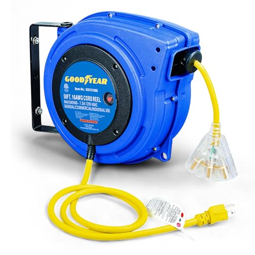 Goodyear Extension Cord Reel Retractable 16AWG x 50' Foot 3C/SJTOW Commercial Cable LED Triple Tap Connector Power 10A 125VAC 938W | 3C/SJTOW Commercial Cable LED Triple Tap Connector Power 10A 125VAC 938W