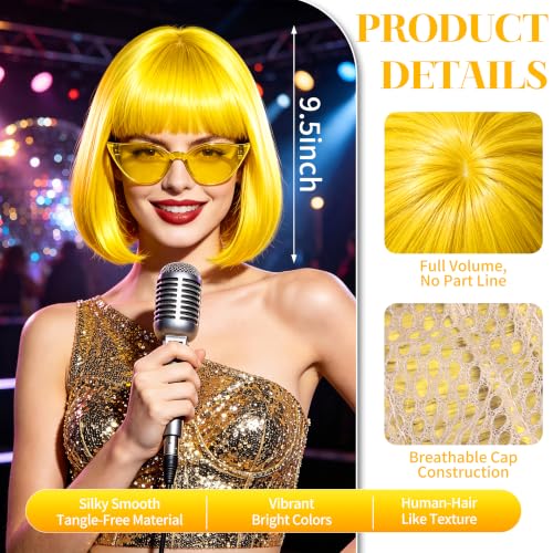 Short Bob Straight Hair Wigs with Bangs, Synthetic Fiber Colorful Hair, Cat Eye Glasses for Women (Yellow) - color: Yellow